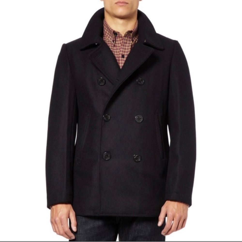 J. Crew Mens Baywater Military Stadium Cloth Black Wool Pea Coat Size Medium